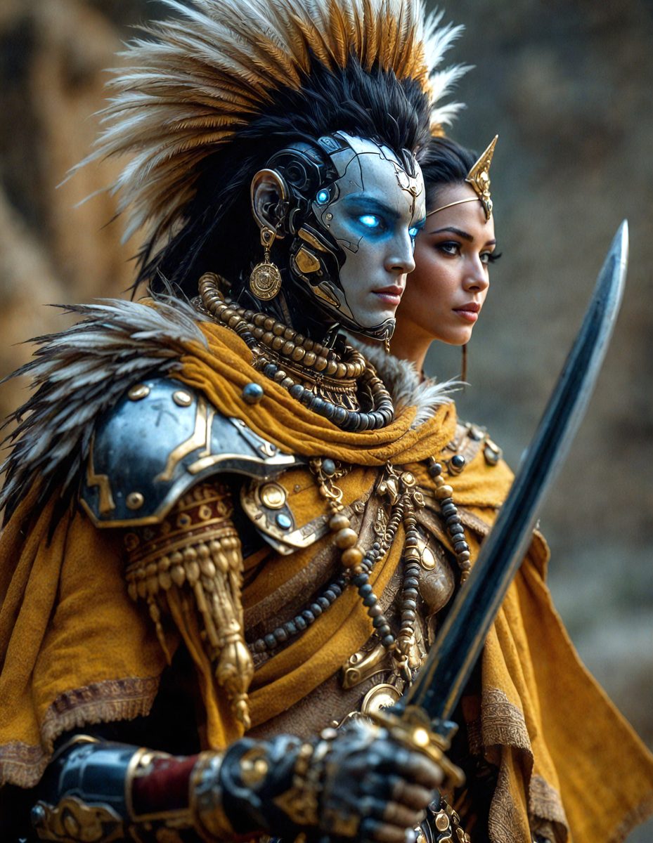 The primary subject of the image is a man and a woman dressed in costumes, possibly as warriors or characters from a fantasy world. They are standing next to each other, with the woman on the right and the man on the left. The setting appears to be a rocky or mountainous environment, which adds to the overall atmosphere of the scene. The visual style of the image is a combination of photo and digital art, creating a unique and intriguing appearance. The colors in the image are predominantly dark, with some gold and silver accents, which contribute to the overall mood of the scene.
